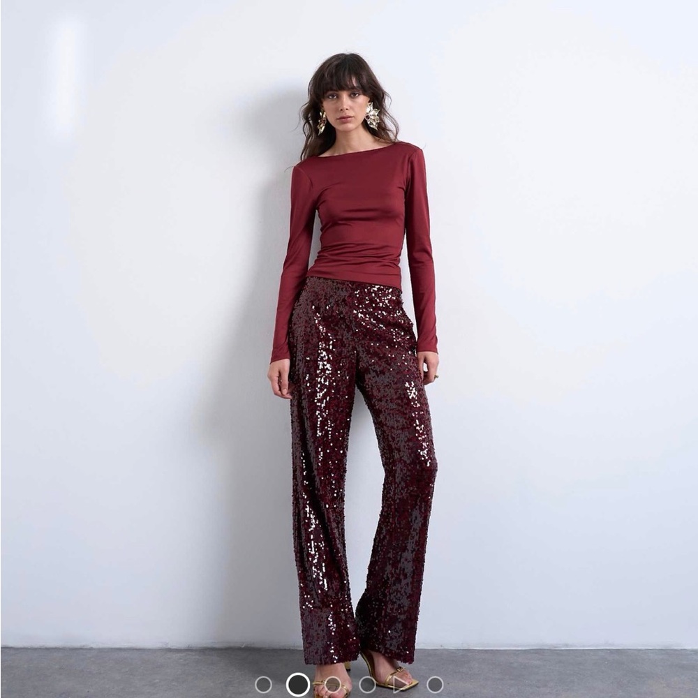 Topshop Wine Sequin Wide-Leg Pants
